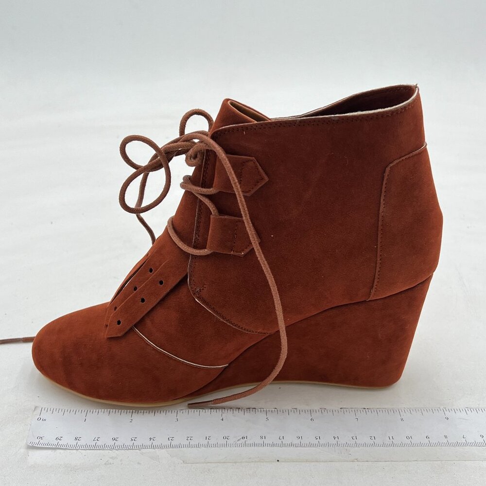 Brown Women's Fringed Tassel Wedge Ankle Boots Suede Round Toe Lace Up Shoe